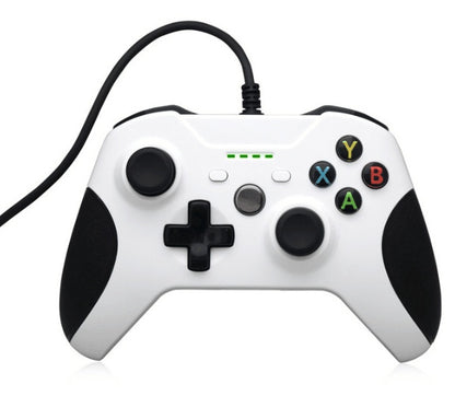 White Trendoligy wired USB game controller with black grips and colored A B X Y buttons for Xbox One and PC