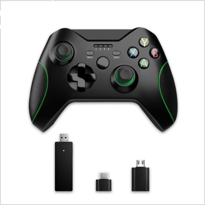 Black wired USB game controller with dual vibration for Xbox One and PC, featuring colored buttons and three USB adapters