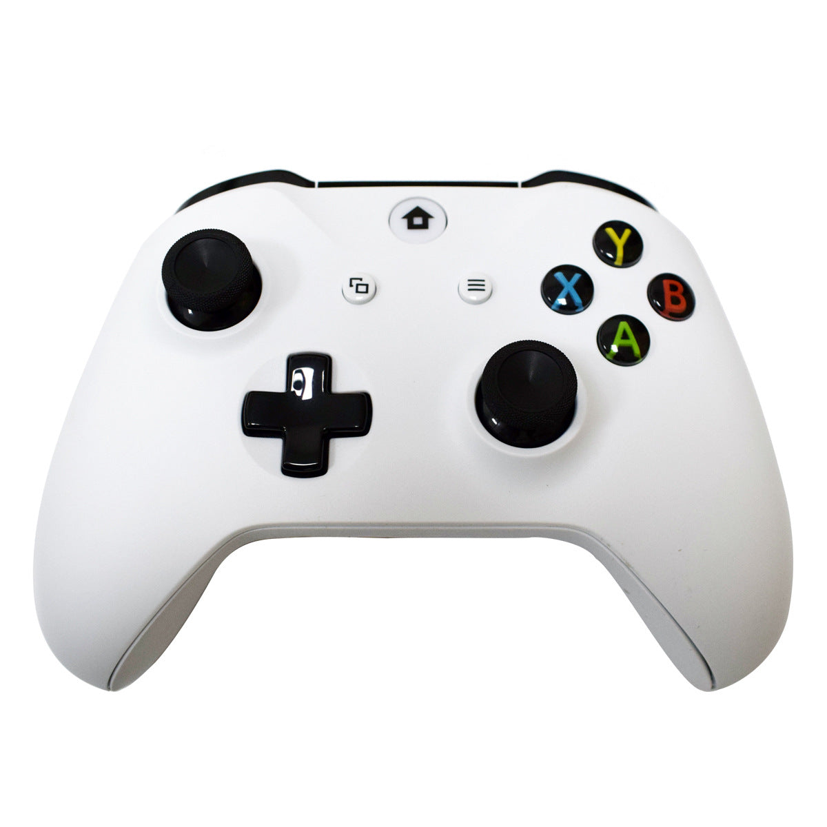 White wireless game controller with black D-pad, analog sticks, and colorful A B X Y buttons