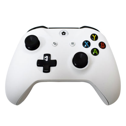 White wireless game controller with black D-pad, analog sticks, and colorful A B X Y buttons