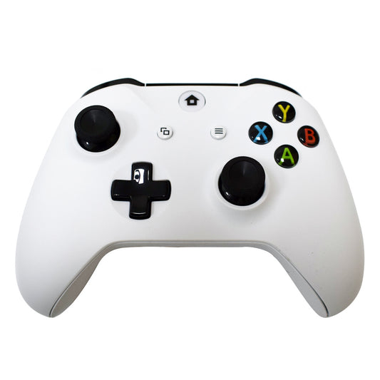 White wireless game controller with black D-pad, analog sticks, and colorful A B X Y buttons