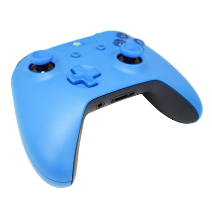 Blue wireless gaming controller with dual analog sticks and D-pad on white background