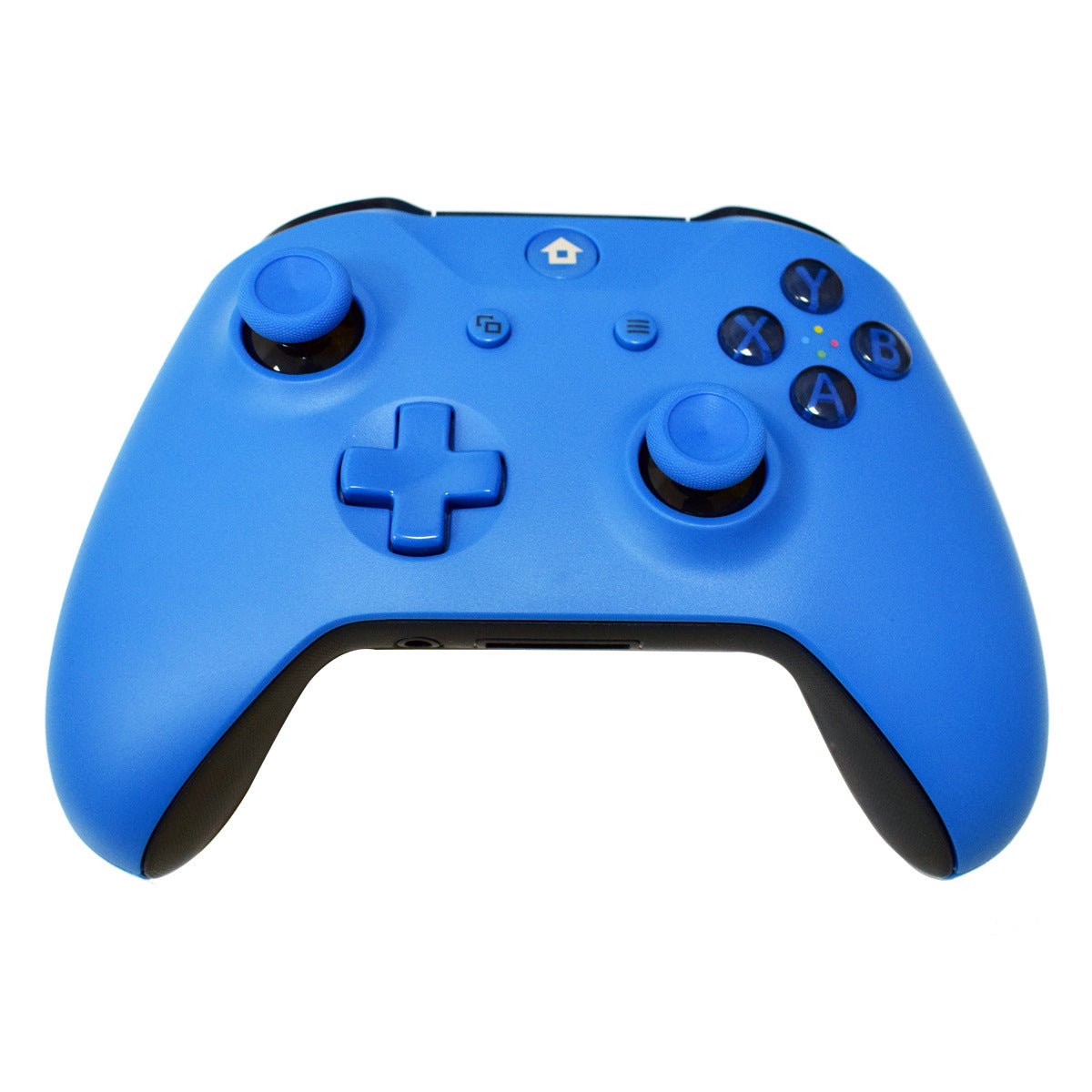 Blue wireless gaming controller with dual analog sticks, directional pad, and ABXY buttons