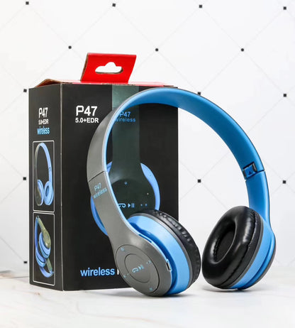 Blue and black P47 wireless Bluetooth headphones with foldable design next to black product box