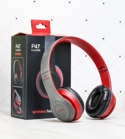 Red and gray P47 wireless Bluetooth 5.0 headphones with black ear cushions next to black retail box