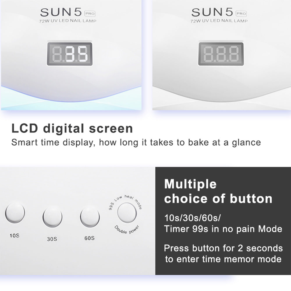 SUN5 Pro 72W UV LED nail lamp with LCD digital screen and multiple timer buttons for 10s, 30s, 60s, and 99s