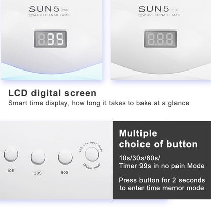 SUN5 Pro 72W UV LED nail lamp with LCD digital screen and multiple timer buttons for 10s, 30s, 60s, and 99s
