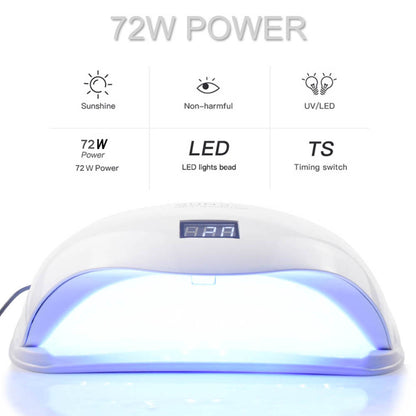 White 72W UV LED nail lamp with digital display, LED beads, timing switch, non-harmful light