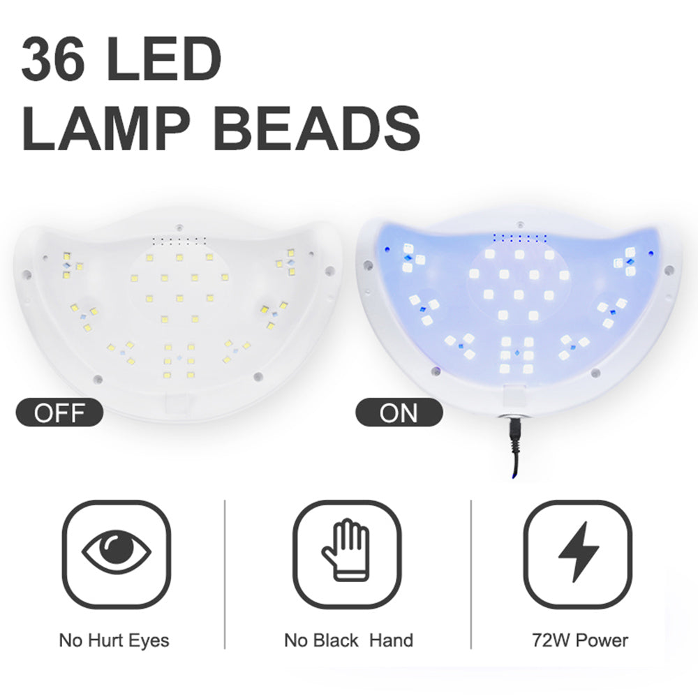 72W white UV LED nail lamp with 36 LED beads, showing off and on blue light modes