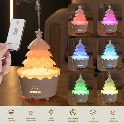 Christmas tree aroma diffuser with remote, colorful LED light settings, mist humidifier on table