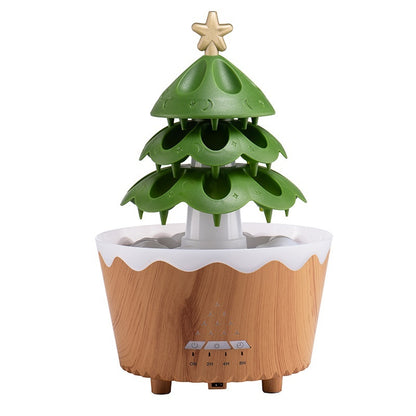 green Christmas tree-shaped aroma diffuser with wood grain base and timer control buttons
