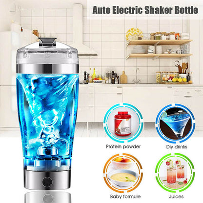 Auto electric shaker bottle mixing blue liquid in modern kitchen, ideal for protein powder, drinks, baby formula, juices