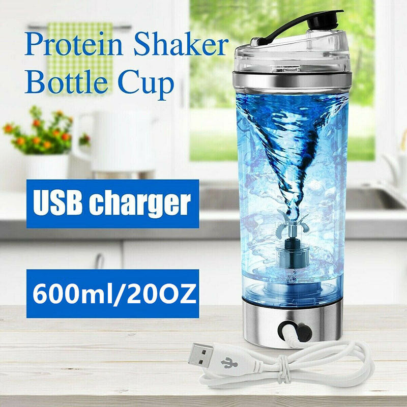600ml USB rechargeable electric protein shaker bottle with vortex mixing and USB charger cable