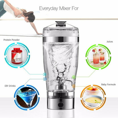 Clear electric shaker bottle mixing a vortex of liquid, with uses for protein powder, juices, DIY drinks, and baby formula