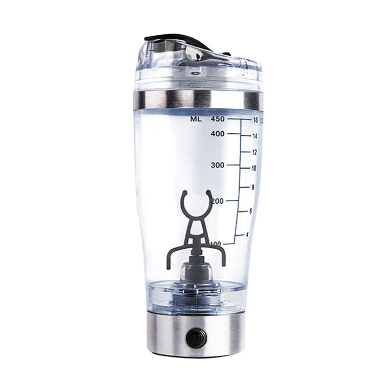 450ml white USB rechargeable electric shaker bottle with vortex mixer and measurement markings