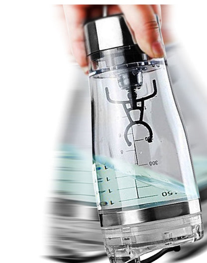 Hand holding a clear electric shaker bottle with a stainless steel mixer and measurement markings