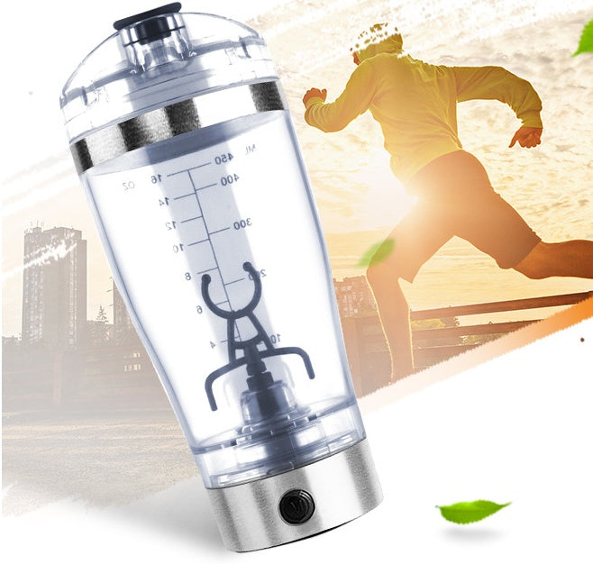 White 450ml USB rechargeable electric shaker bottle with vortex mixer and measurement markings