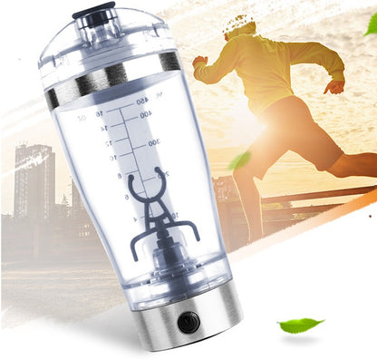 White 450ml USB rechargeable electric shaker bottle with vortex mixer and measurement markings