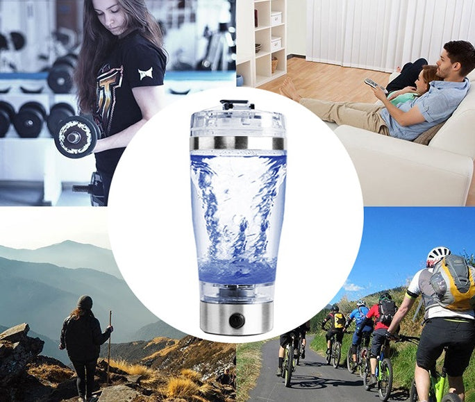 White USB rechargeable 450ml electric shaker bottle with vortex mixing in center, surrounded by fitness, hiking, cycling, and relaxation scenes