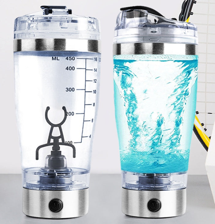 450ml USB rechargeable electric shaker bottle with vortex mixing, one empty and one with swirling liquid