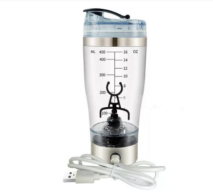 450ml white USB rechargeable electric protein shaker bottle with clear lid and measurement markings