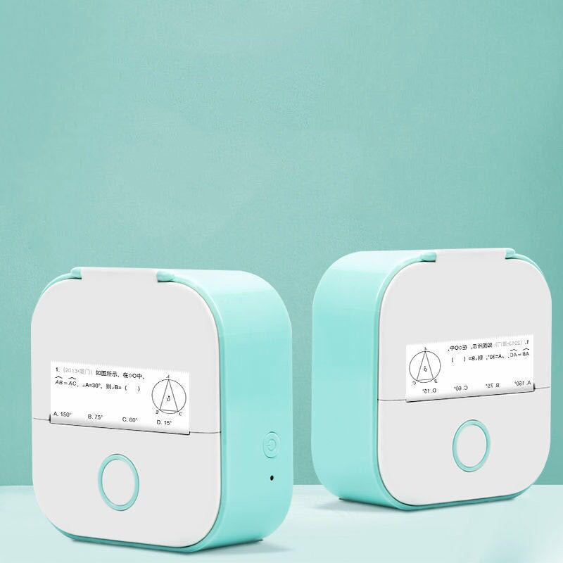 Portable white and mint green mini thermal Bluetooth printers with inkless printing and printed math diagrams