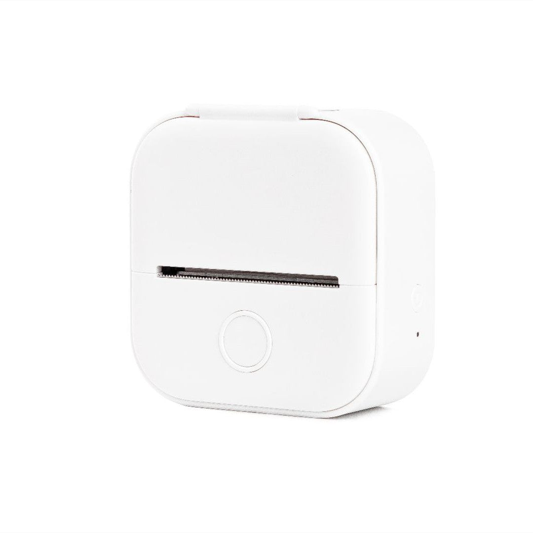 White portable mini thermal printer with Bluetooth and inkless printing on white background