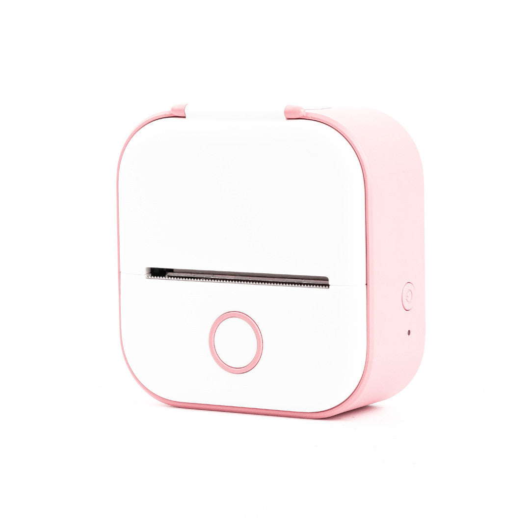 Compact white and pink portable thermal printer with USB and Bluetooth connectivity