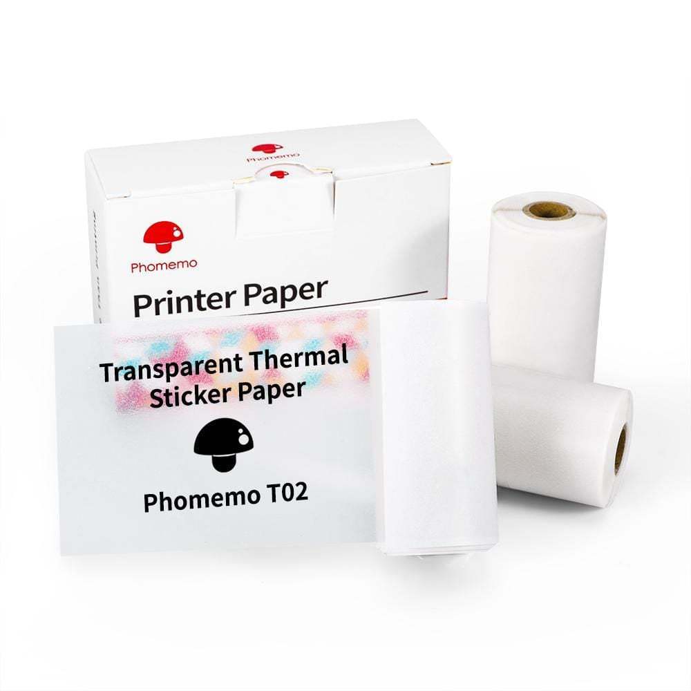 Phomemo Transparent Thermal Sticker Printer Paper rolls and box labeled Printer Paper, model T02
