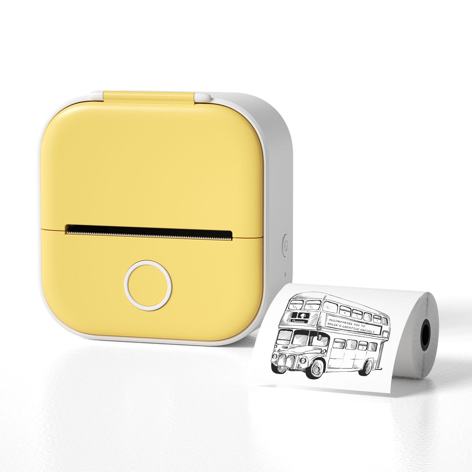 Yellow portable mini thermal printer with inkless Bluetooth printing and printed black-and-white vintage bus image