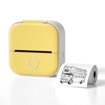 Yellow portable mini thermal printer with inkless Bluetooth printing and printed black-and-white vintage bus image