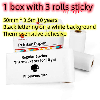 Phomemo T02 regular sticker thermal printer paper rolls with black lettering on white background