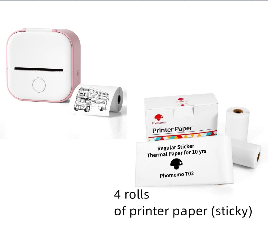 Portable white and pink mini thermal Bluetooth printer with printed paper and four rolls of sticky thermal printer paper