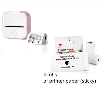 Portable white and pink mini thermal Bluetooth printer with printed paper and four rolls of sticky thermal printer paper