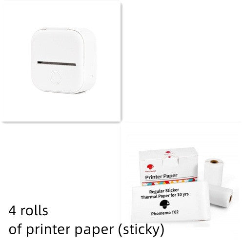 White portable Bluetooth USB mini thermal printer with four rolls of sticky thermal printer paper