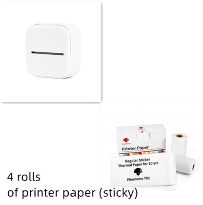 White portable Bluetooth USB mini thermal printer with four rolls of sticky thermal printer paper
