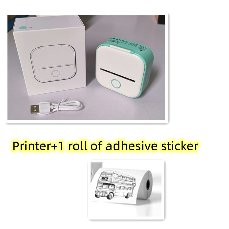 Compact white and mint green mini thermal Bluetooth printer with USB cable and packaging box