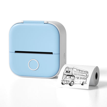 Compact blue and white portable mini thermal printer with Bluetooth printing a black and white bus sketch