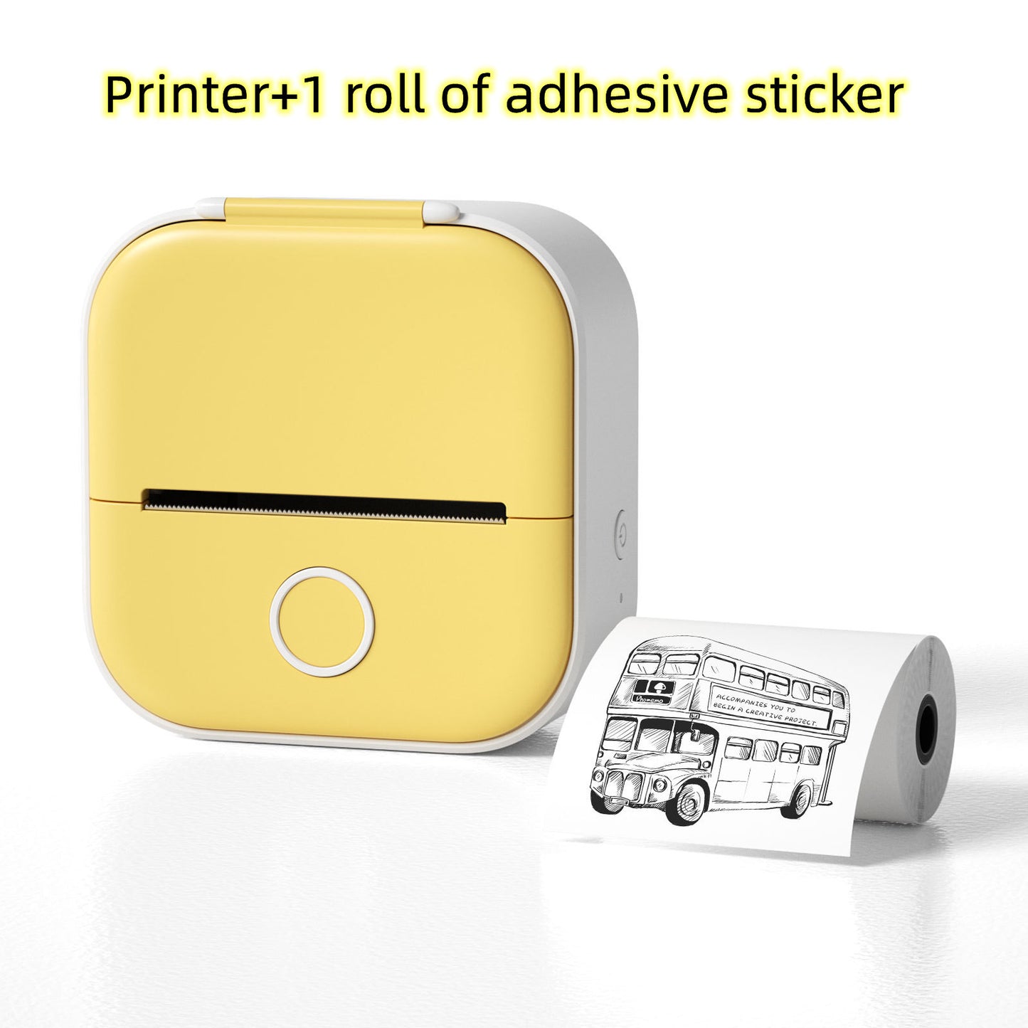 Compact yellow portable thermal printer with adhesive sticker roll printed with vintage bus illustration