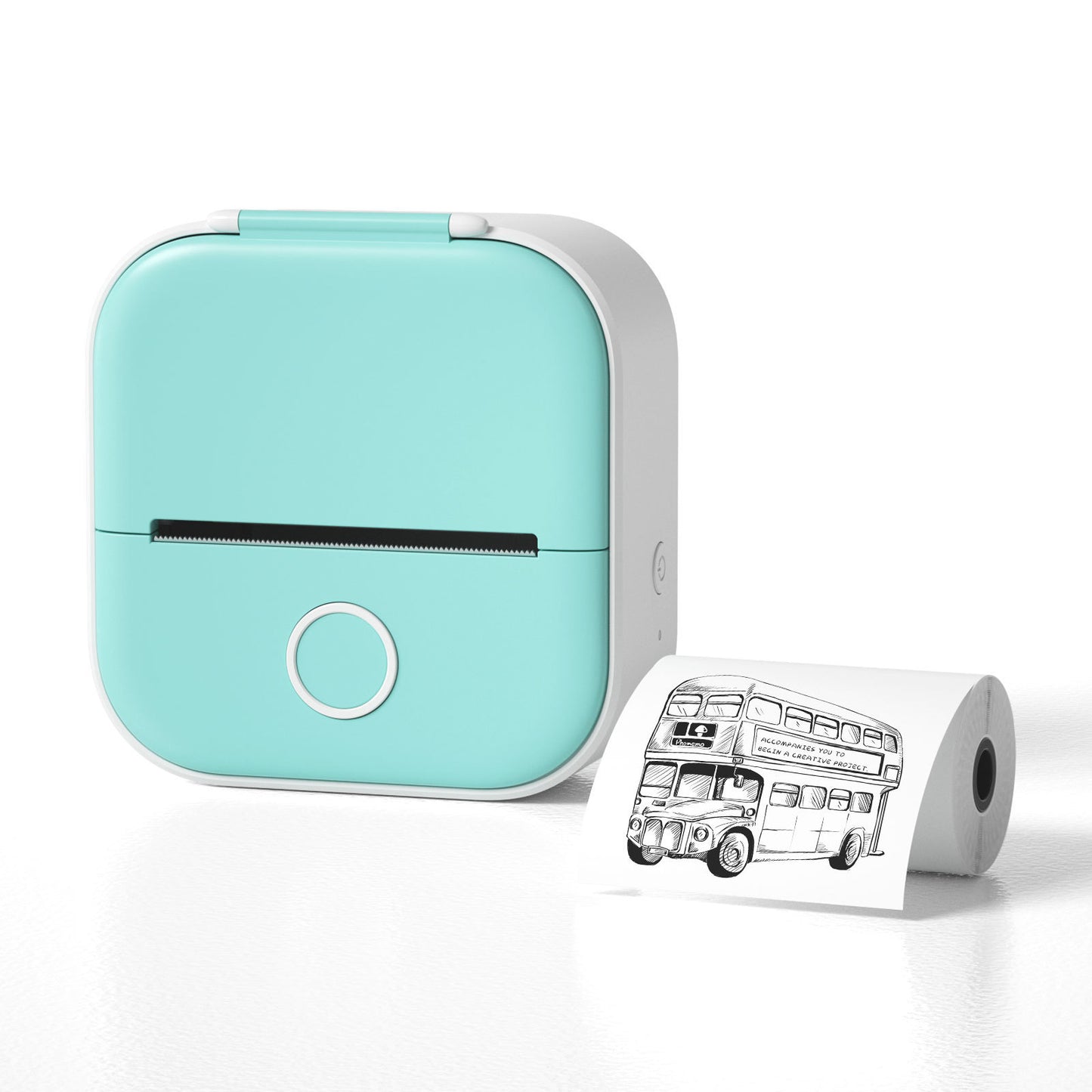 Compact white and turquoise Bluetooth portable thermal printer with inkless printing and bus illustration printout