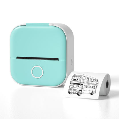 Compact white and turquoise Bluetooth portable thermal printer with inkless printing and bus illustration printout