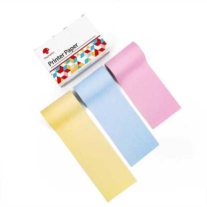 Promema printer paper box with three unrolled thermal printer paper rolls in yellow, blue, and pink