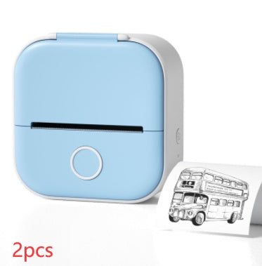 Portable blue mini thermal printer with inkless Bluetooth printing, printing black-and-white bus image