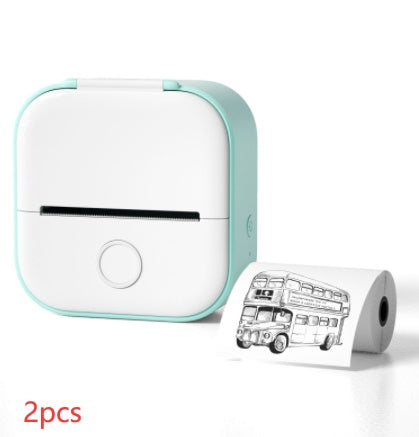 White and mint green portable Bluetooth mini thermal printer with inkless printing and printed bus image
