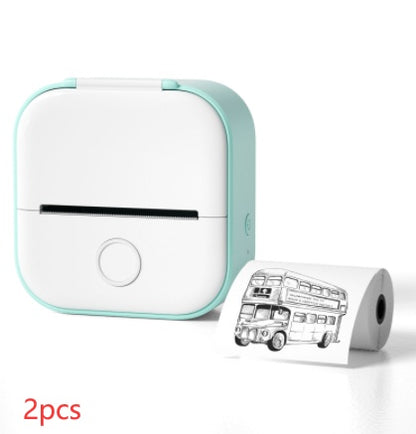 White and mint green portable Bluetooth mini thermal printer with inkless printing and printed bus image