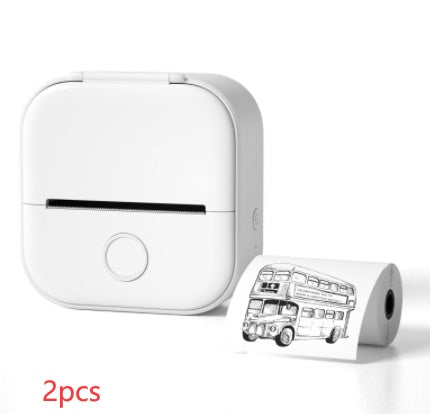 White portable mini thermal Bluetooth photo printer with inkless printing and printed double-decker bus image