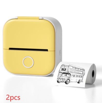 yellow portable mini thermal printer with Bluetooth and inkless printing, printing black and white bus image