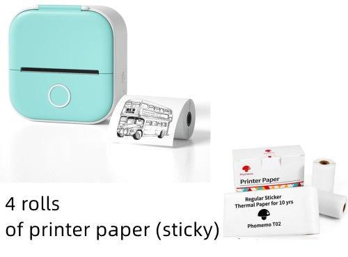 portable white and turquoise mini thermal Bluetooth photo printer with printed roll and 4 rolls of sticky thermal printer paper