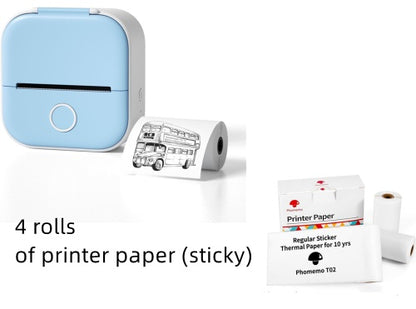 Portable blue and white USB mini thermal printer with sticky printer paper rolls and packaging