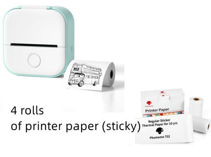Compact white and mint green portable thermal printer with printed bus image and four rolls of sticky thermal printer paper